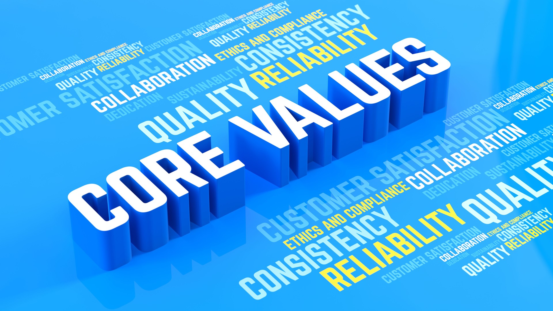 3D Text 'Core Values' with Supporting Values Displayed on the Ground, Illustrating Principles of Integrity and Ethics. 3D Rendering